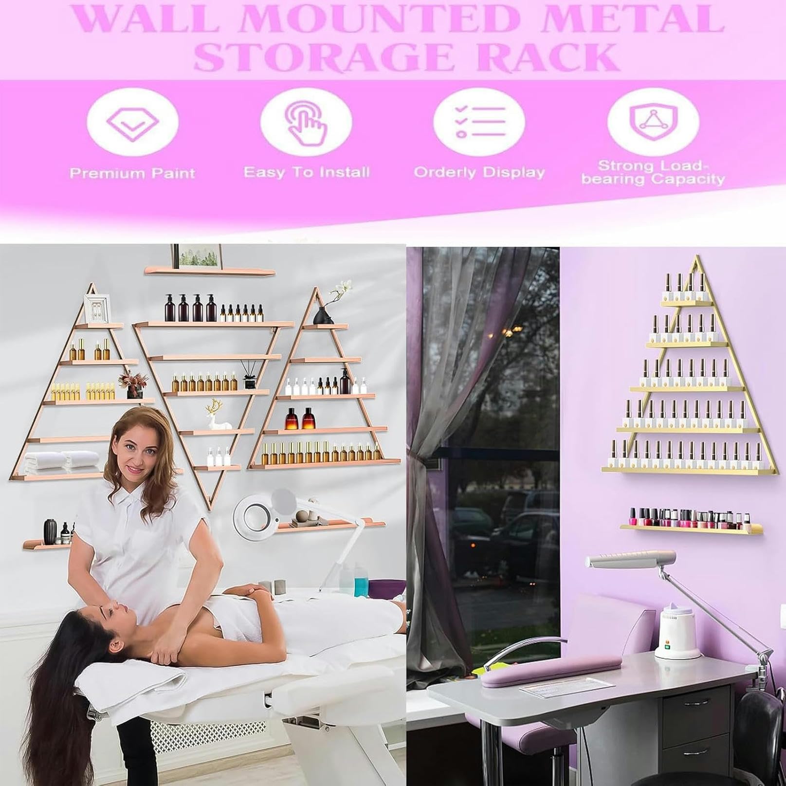 Porta smalti da Parete in Metallo, espositore per Bottiglie, semplici espositori galleggianti per Cosmetici in Ferro per Salone di Bellezza, Negozio, Soggiorno, casa (Rosa)