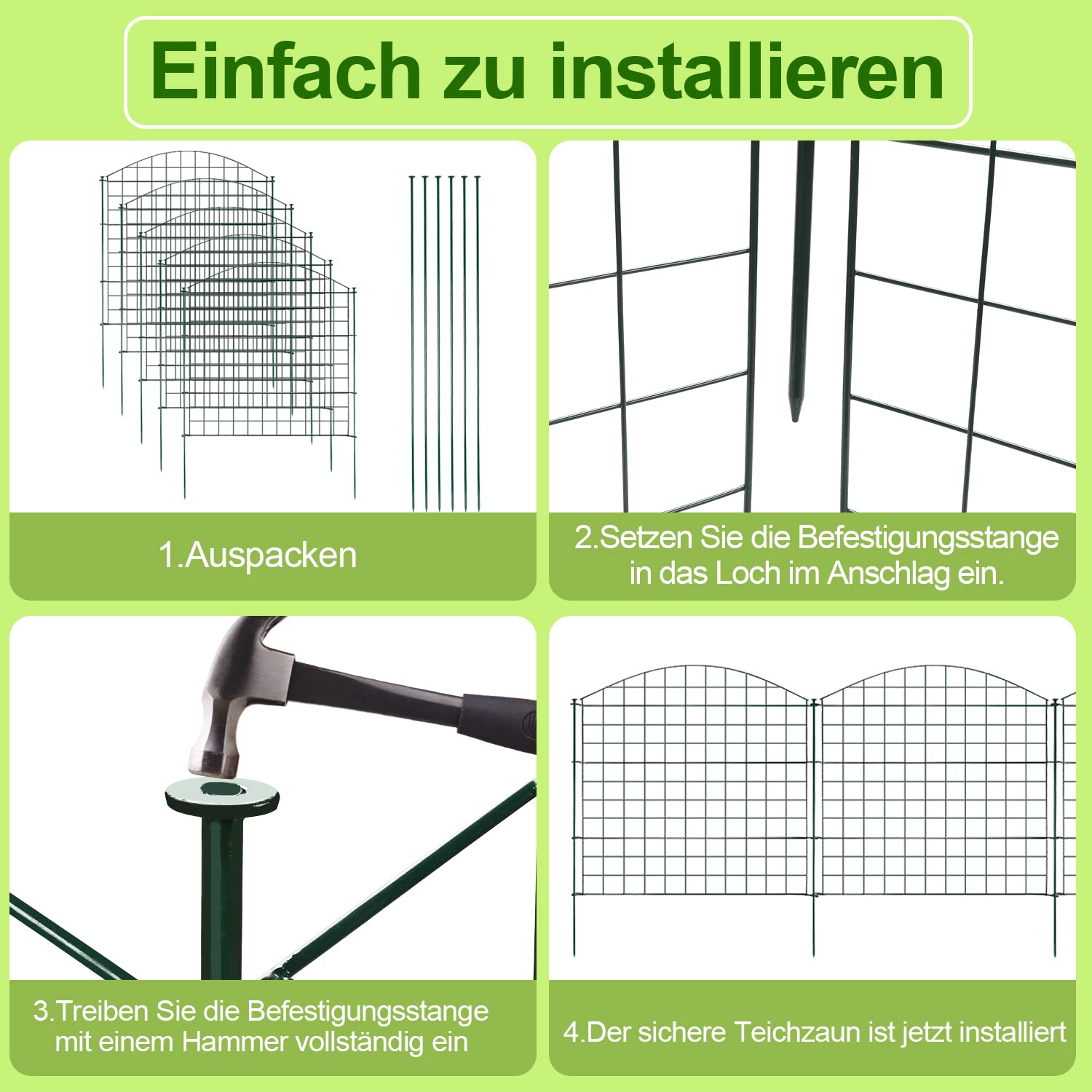 Recinzione da giardino, set da 22 pezzi, recinzione per stagno, recinzione, recinzione in metallo, 10 elementi di recinzione, 12 barre di fissaggio (arco superiore)