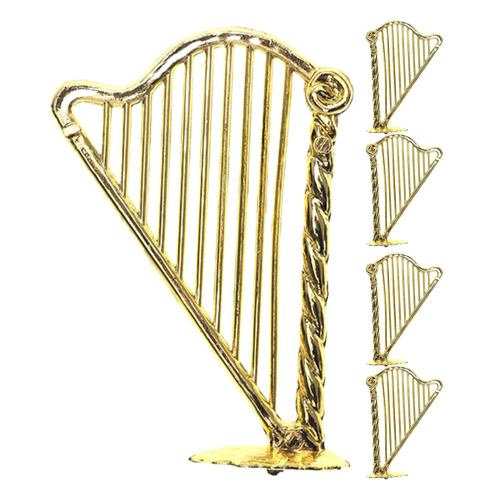 Arpa de oro en miniatura,Arpa en miniatura - Juego de 5 adornos de escritorio con arpa pequeña,Instrumento musical, modelo de instrumento musical en miniatura 1:12, modelo de arpa para decoración de c