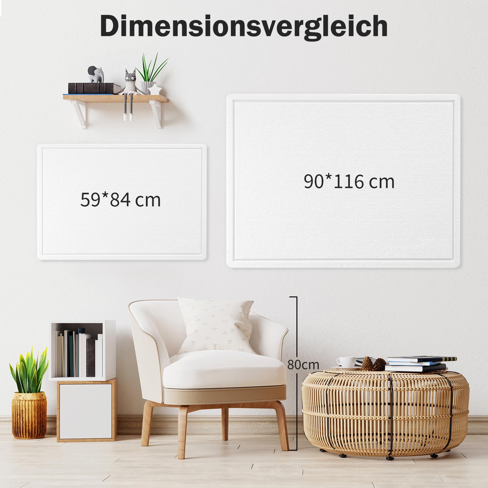 Lightomorrow Tablón de anuncios, 84 x 59 cm, tabla de fieltro – alternativa decorativa a la pared, tablero plegable con tabla de oración autoadhesiva y 20 agujas – blanco