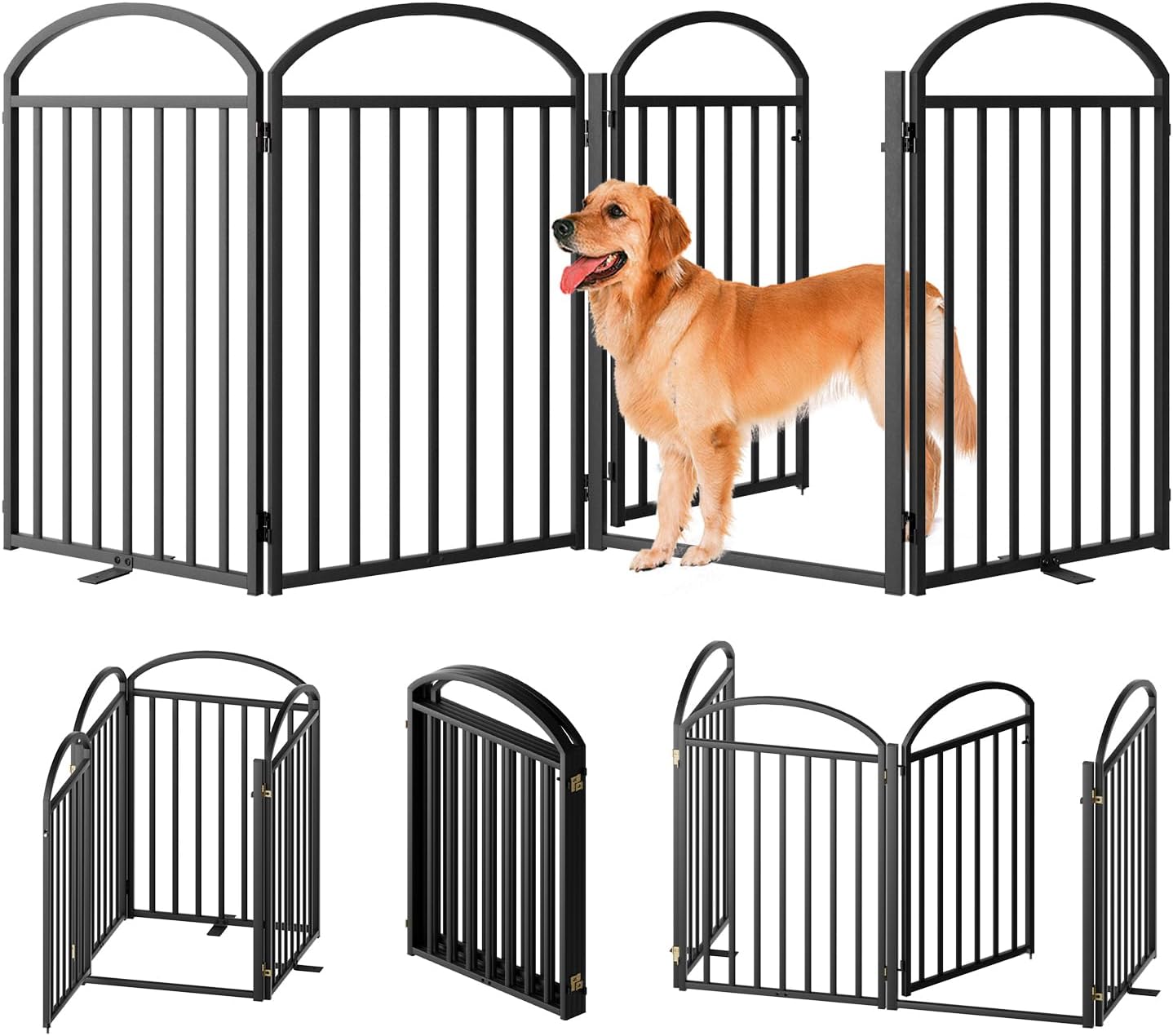 4 Panels Full Matel Freestanding Dog Gates with Door, 96"Extra Wide 32"Tall Free Standing Dog Pet Gate for Indoor & Outdoor. Foldable Pet Fences for Doorways, House, Stairs, Porch, Deck, Yard Black ?4 Panels with Door?96"W*32H"