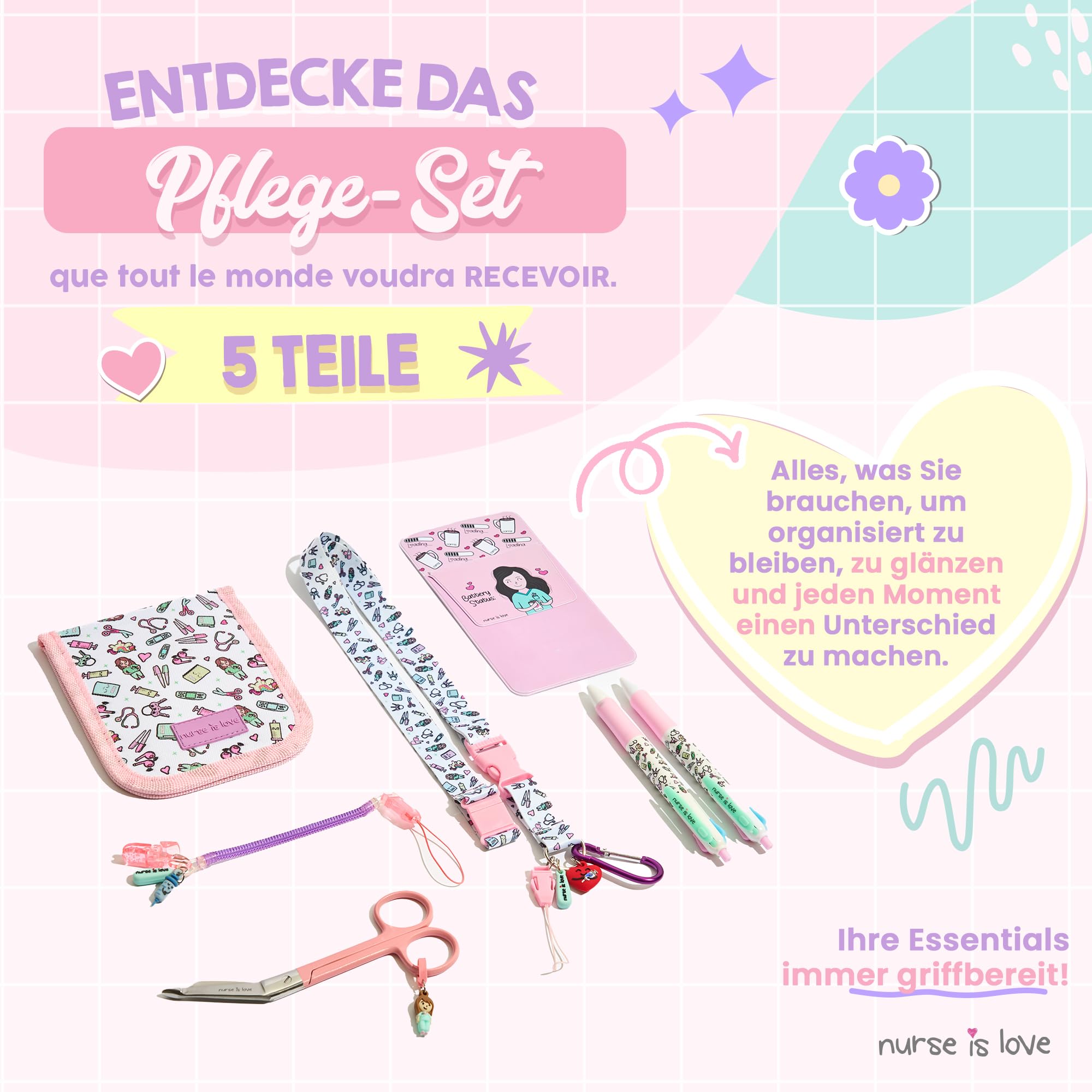 Nurse is Love Krankenschwester Geschenke 5-Teiliges Set | Schlüsselband + Schere + Taschenorganizer + Stifte Taschenschutz mit Kugelschreiber Mehrfarbige + Scherenhalter | Krankenschwester Zubehör