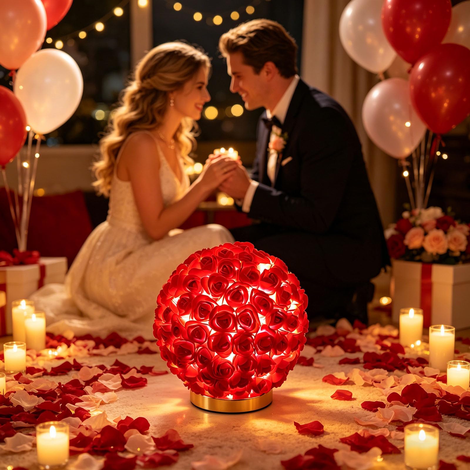 Lámpara de bola de flores de rosa de tela roja romántica USB decorativa luz nocturna para Navidad, decoración de boda, propuesta, decoración de postres, tienda de belleza, centro de belleza