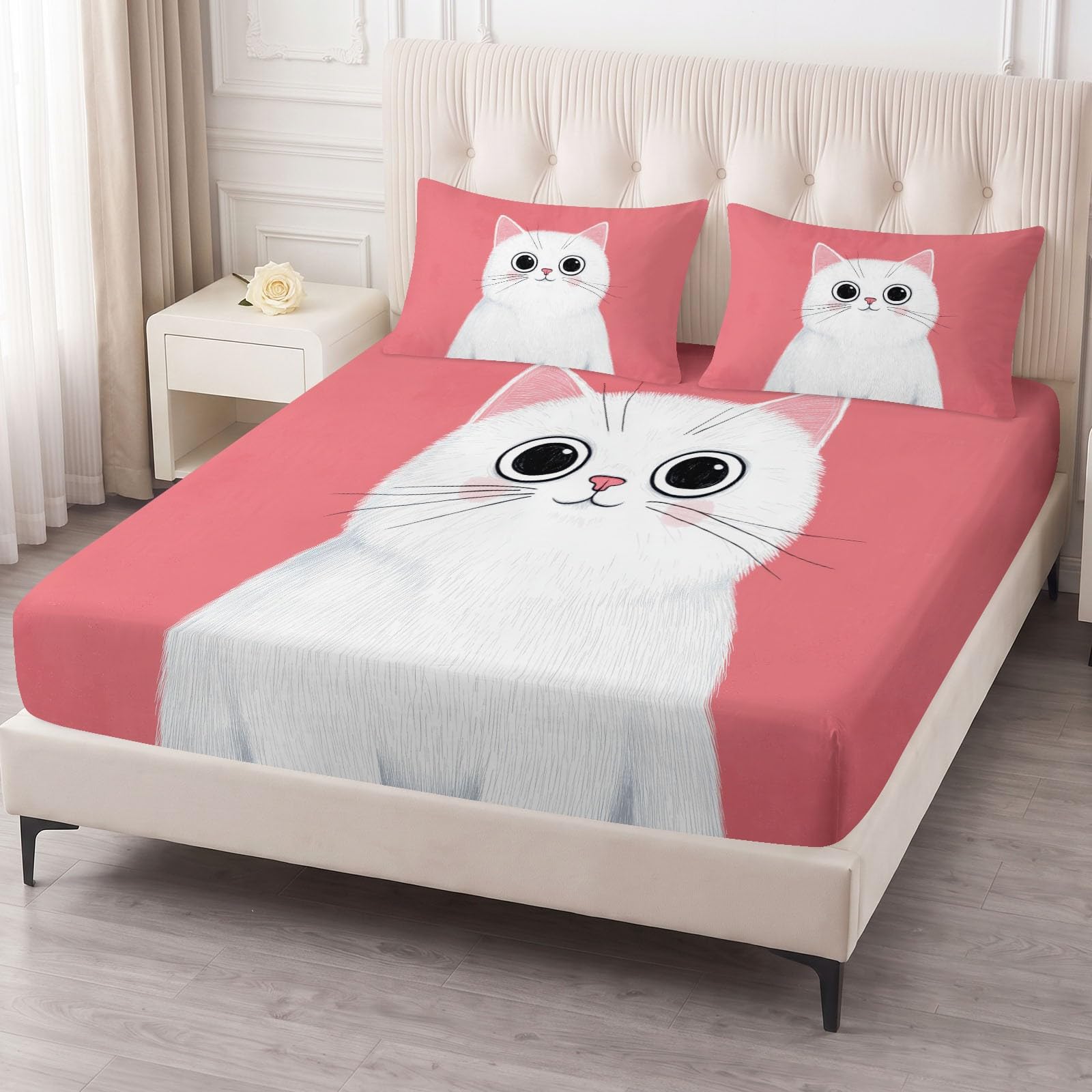 Juego de sábanas bajeras ajustables de 3 piezas, 90 x 200 cm, diseño de gato, de microfibra, color rosa, suave y agradable a la piel, transpirable, hipoalergénica, para colchones de hasta 30 cm de