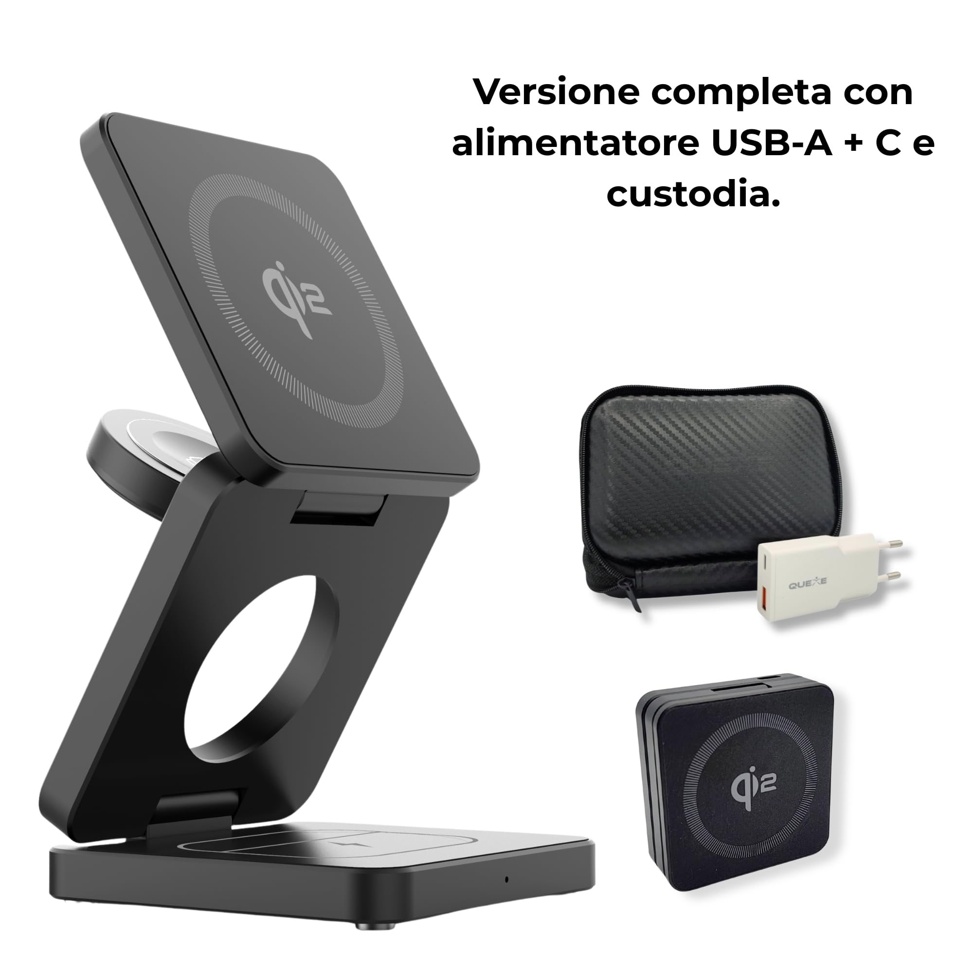 Caricatore Wireless 3-in-1 in Alluminio - Qi2 Certificato con Caricatore 20W, Cavo USB-C e Custodia – Compatibile MagSafe iPhone, Apple Watch, AirPods