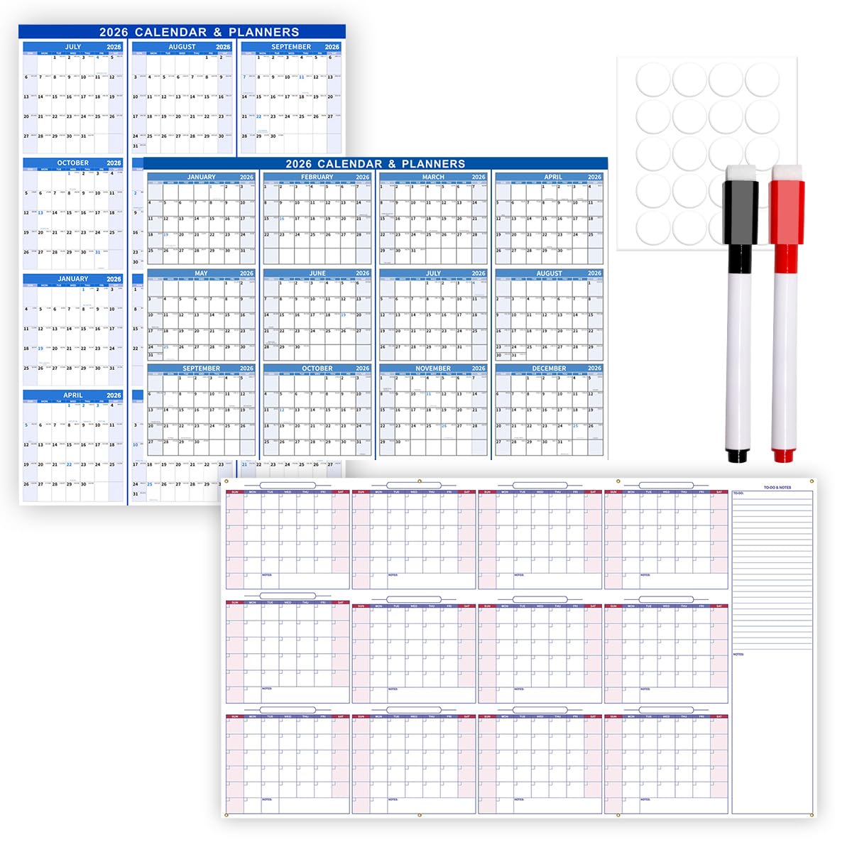 Calendrier mural 2026 - 61 x 91,4 cm - Grand format - effaçable à sec et humide - Planificateur mural annuel annuel sur 12 mois