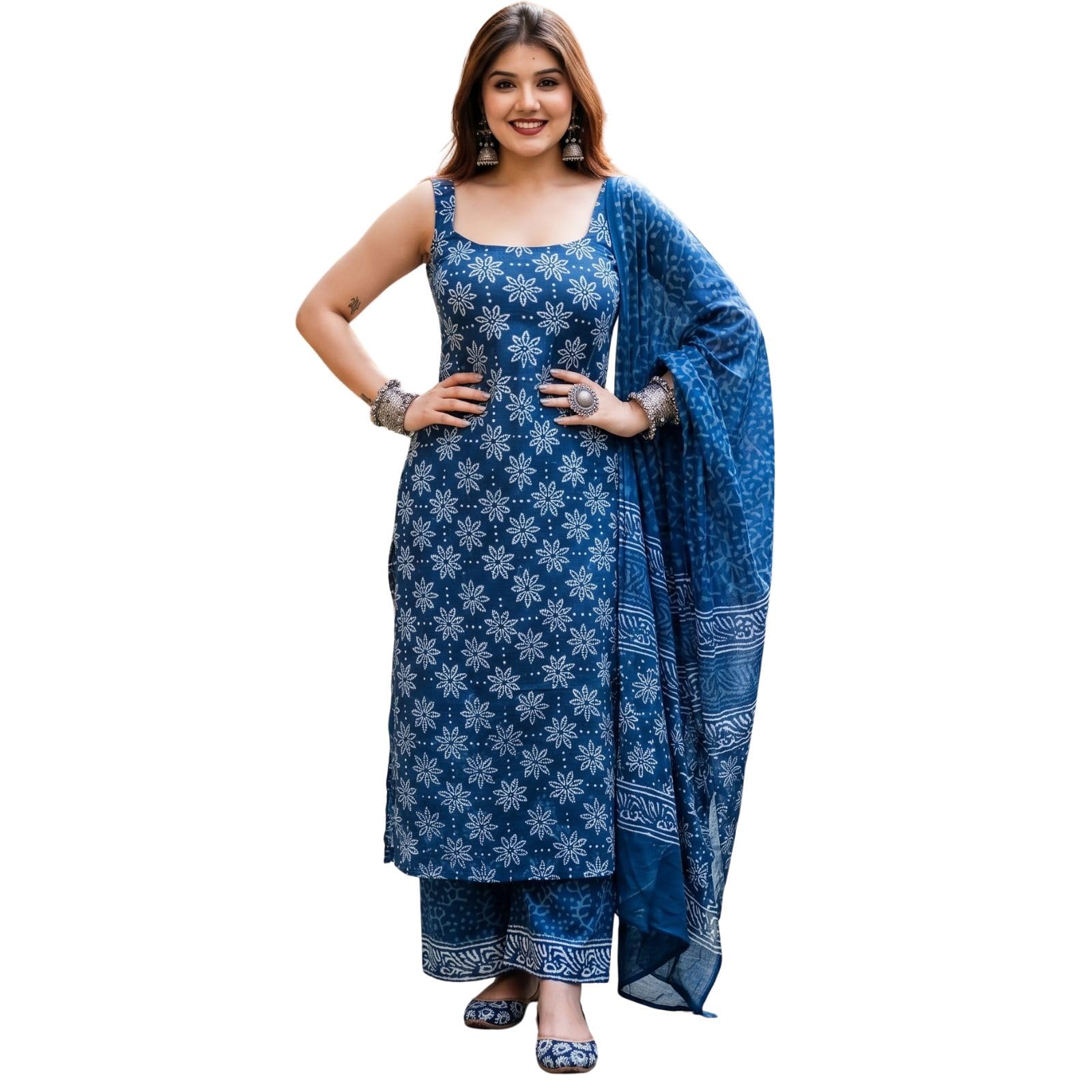 teegital Women's Cotton Blend Printed Kurta Set with Dupatta | Sleeveless Square Neck Straight Kurta with Palazzo Pants | Regular Fit Ethnic Wear Set for Daily, Office & Casual Wear-picture-25