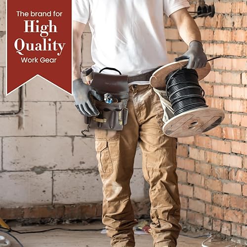 Miniatura 8 de Style n Craft Bolsa de herramientas para electricista de 10 bolsillos, bolsa de herramientas de cuero resistente con clip de cinta de metal, cadena