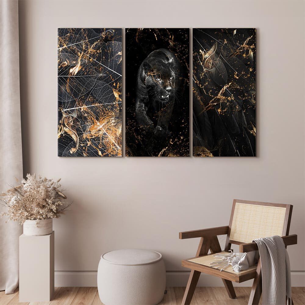 decomonkey Quadri Moderni Soggiorno Astrazione Nero, 3 pezzi, 120x80 cm | Tela strutturata su telaio in legno, decorazione per camera da letto e ufficio, animali, giaguaro, piante