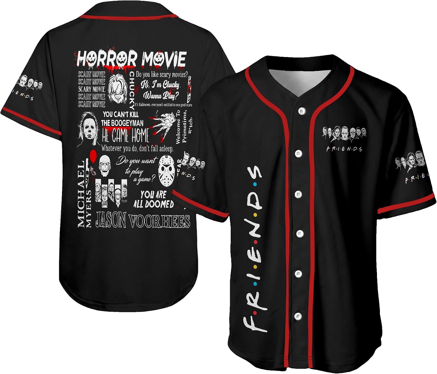 Horror Baseball Jersey for Men Women, Halloween Horror Jersey, Horror Movie Shirt Short Sleeve, Gifts for Halloween