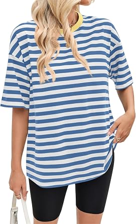 Womens Striped Short Sleeve T-Shirt | Crew Neck Loose Fit Casual Top | 95% Cotton 5% Spandex