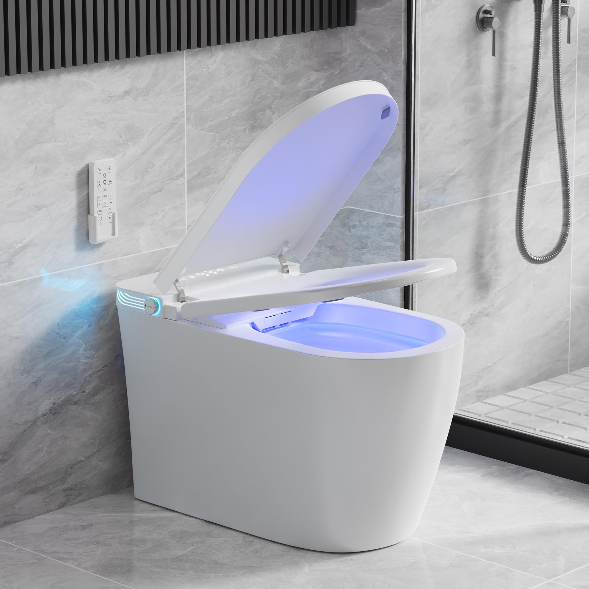 WC intelligente con bidet incorporato, WC allungato con sedile riscaldato, asciugatrice, coperchio ascensore auto, abbassamento automatico, servizi igienici senza serbatoio elettrici con risciacquo