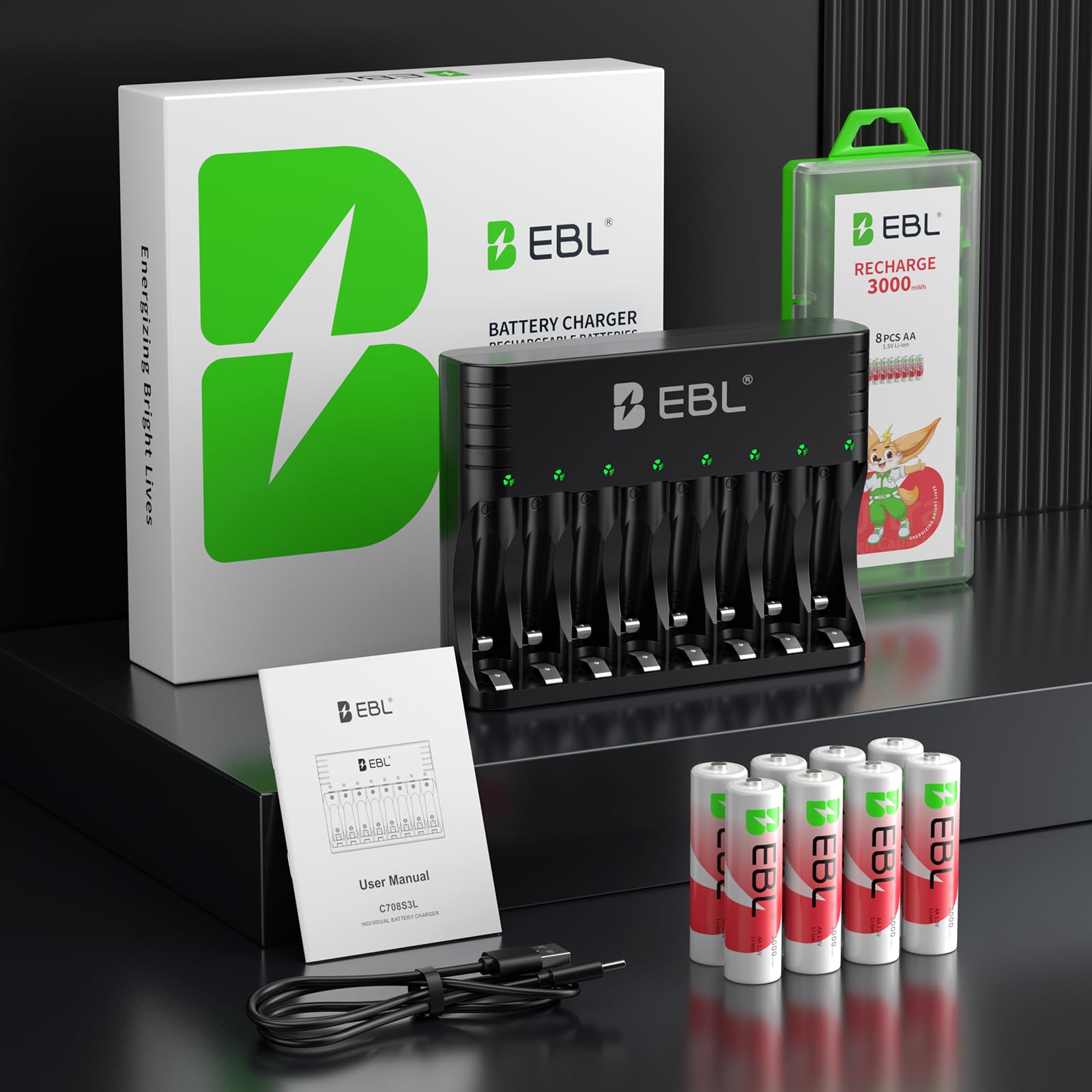 EBL Caricatore di Batterie Ricaricabili, Caricatore Universale per Batterie 1,5V Li-ION e 1,2V NiMH Ricaricabili, + 8PCS Batterie AA Li-ION 1,5V, 1600+ Cicli di Carica