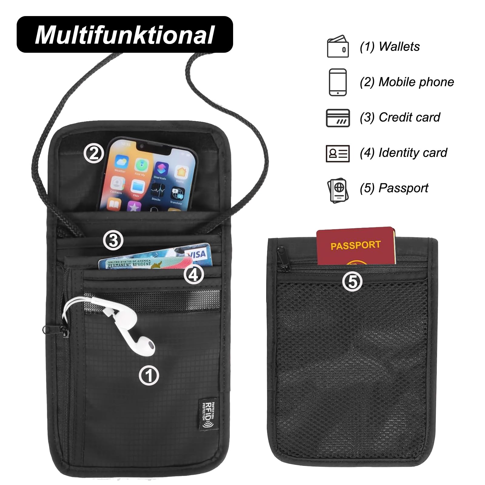 Cartera de Cuello Negro, Portadocumentos Viaje de Cuello, Monedero Colgante Impermeable con Bloqueo de RFID, Bolsa Viaje de Cuello Unisex para Efectivo Documentos Tarjetas de Crédito Monedas