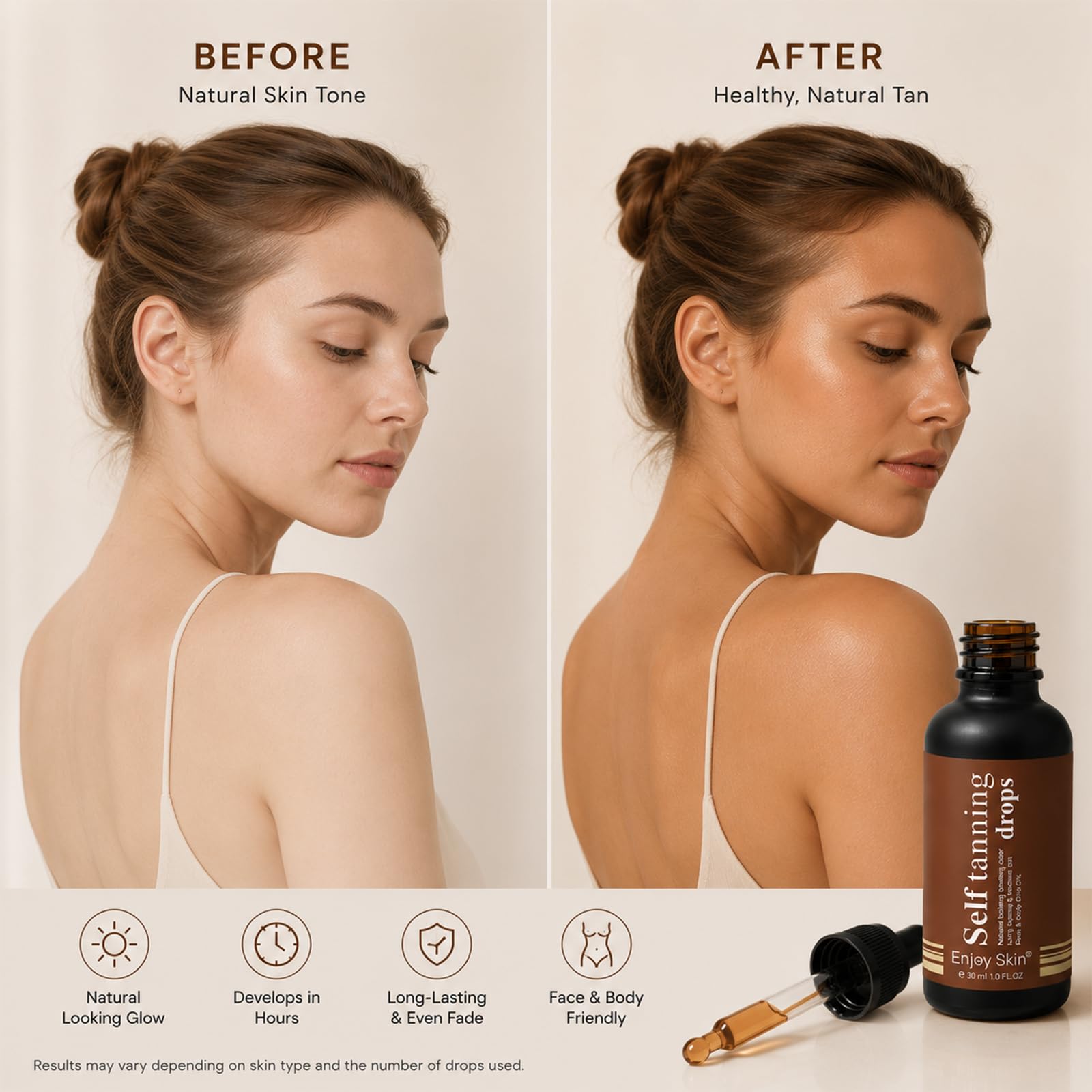 30ml Self Tanning Drops, Gotas Autobronceadoras, Brillo Bronceado para Todo Tipo de Pieles, Bronceado Personalizado, un Efecto de Bronceados sin Tomar el Sol(Marrón)