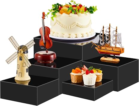 Sintuff 5 Pcs Buffet Risers and Display Stand 6" 7" 8" 9" 10" Large Acrylic Dessert Cupcake Table Stand Set Black Food Display Cube for Jewelry Figures Show Decor, Box Nesting Riser with Hollow Bottom
