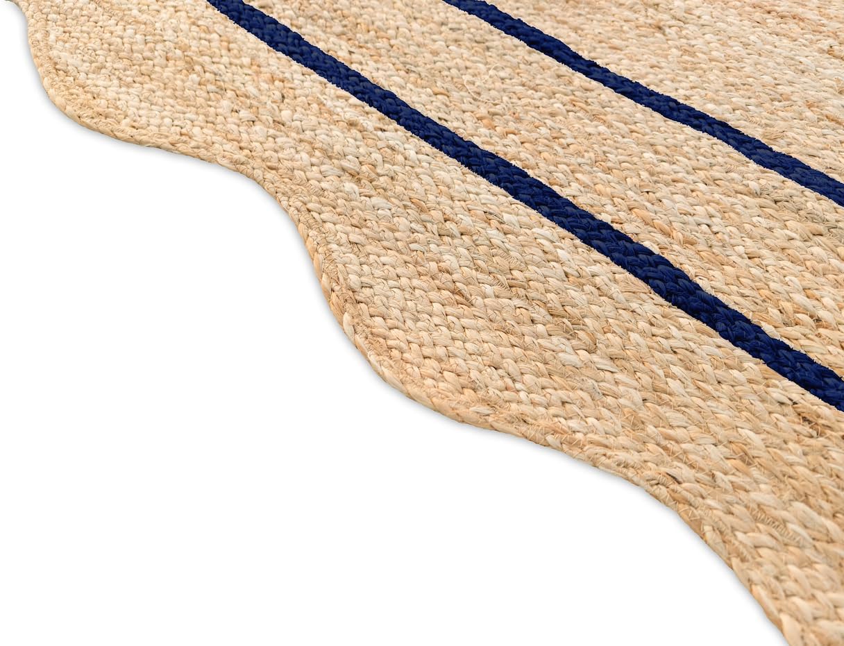 Handmade Jute Area Rug with Scalloped Edges and Color Border, Natural Fiber Floor Rug for Living Room, Bedroom, Entryway