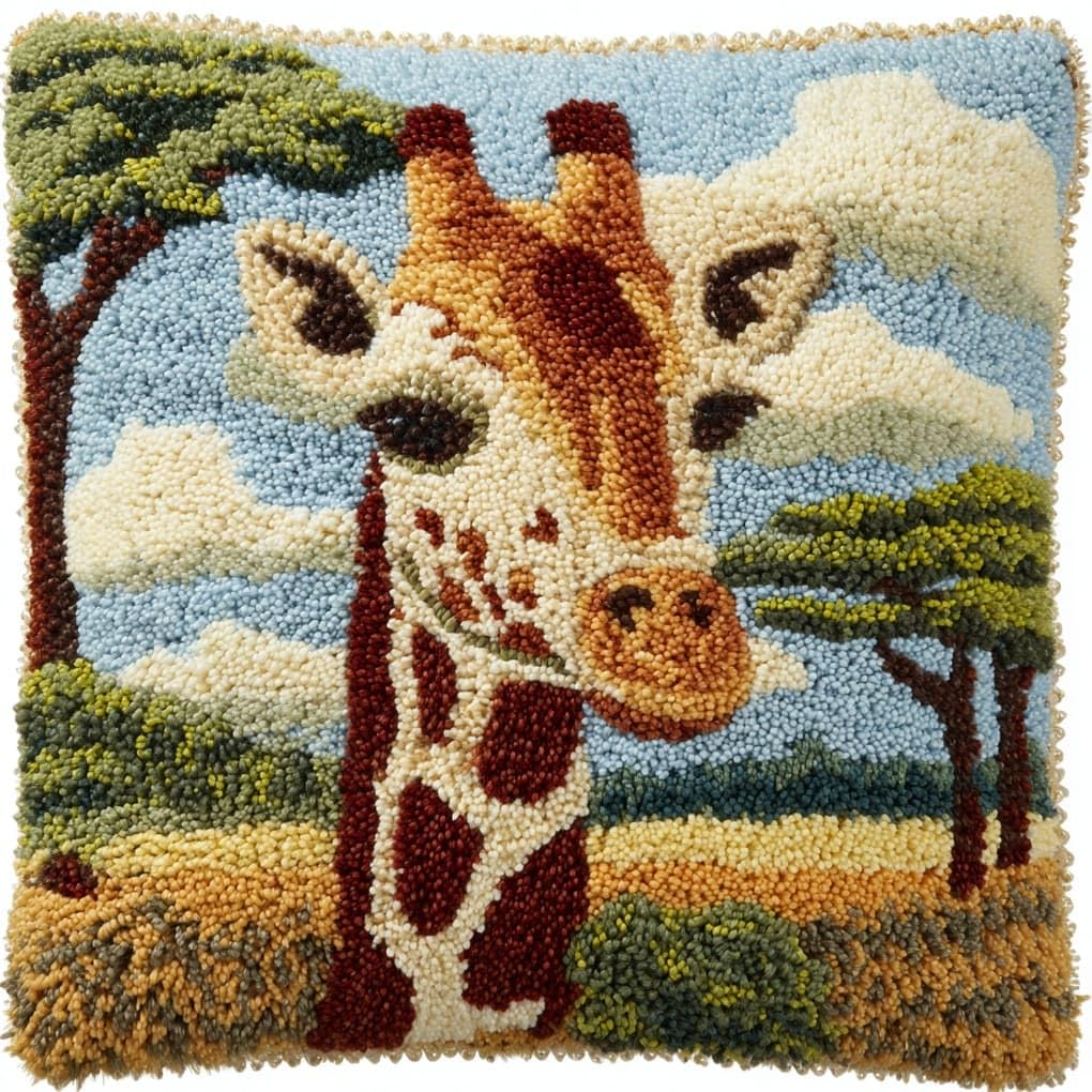 Henypt Latch Hook Kits for Adults,Animal Giraffe 43x43cm DIY Rug Making Kit,Crochet Yarn Craft Set for Home Sofa Decor & Handmade Gift