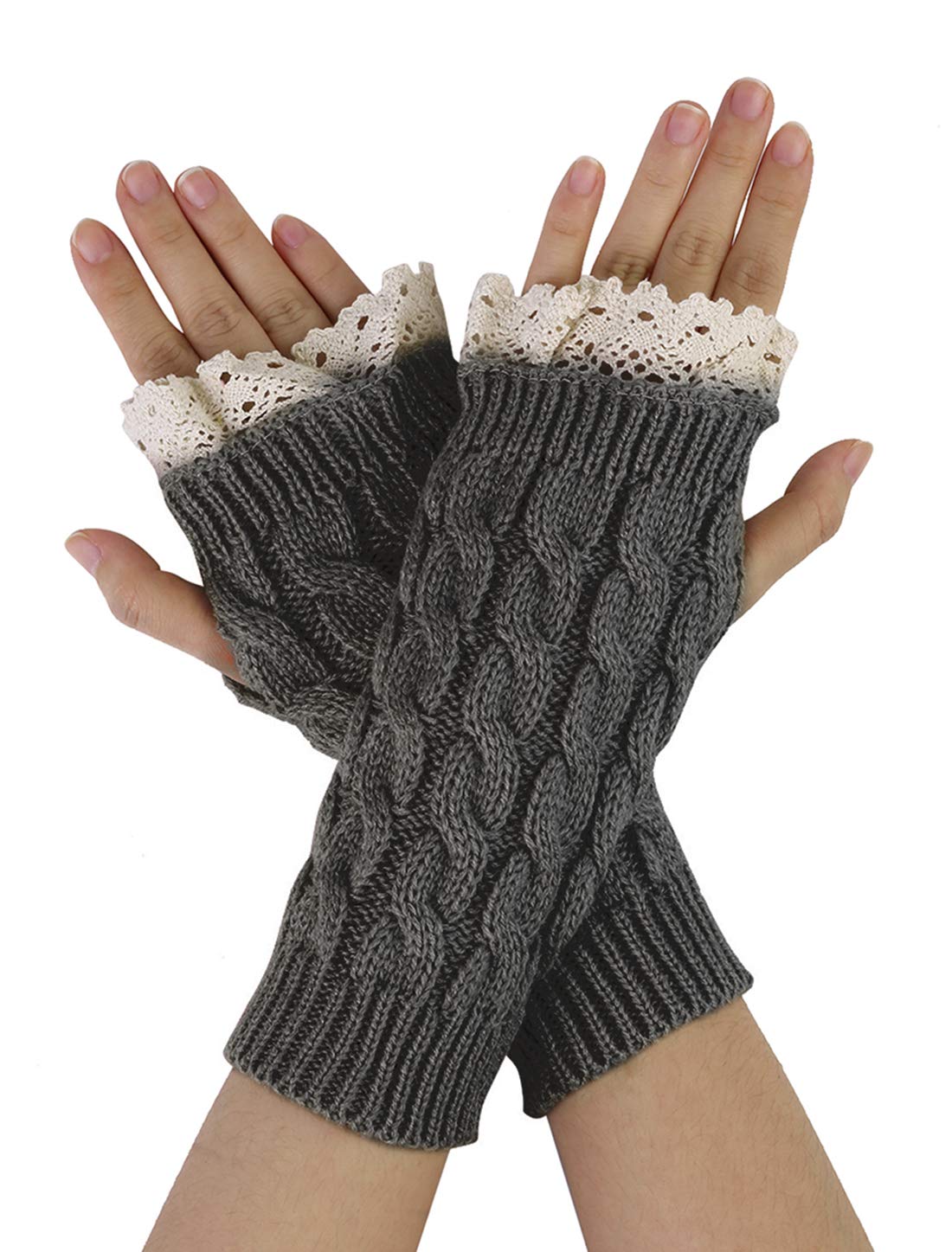 Uxcell Women's Dark Gray-Lace Sourcing Map Arm Warmers Wrist Length Knit Fingerless Gloves With Lace Glove Length 20 Cm/7.87"
