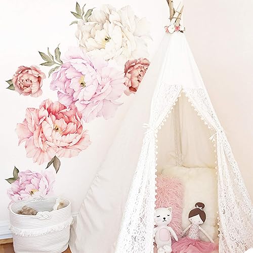Calcomanías de pared de flores de peonías, acuarela, elegantes calcomanías de pared florales para habitación de niñas, flores de peonía, carteles de