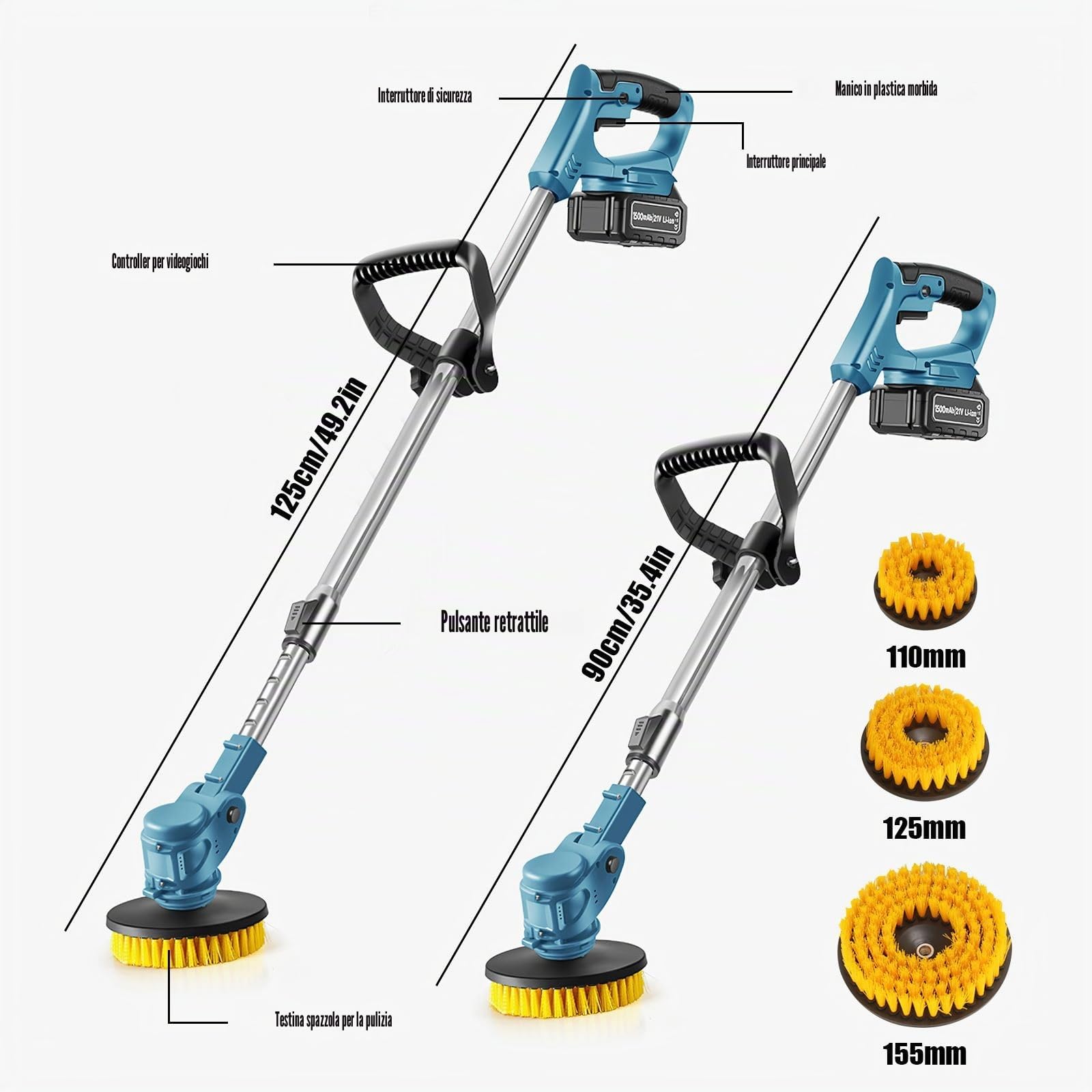 Spazzola motorizzata telescopica, diametro 125 mm, spazzola in nylon con 5000 giri/min, asta da 90 cm a 125 cm, fornita con 3 spazzole, compatibile con Ma-Kita~ 21 V, non inclusa, per pavimento, auto