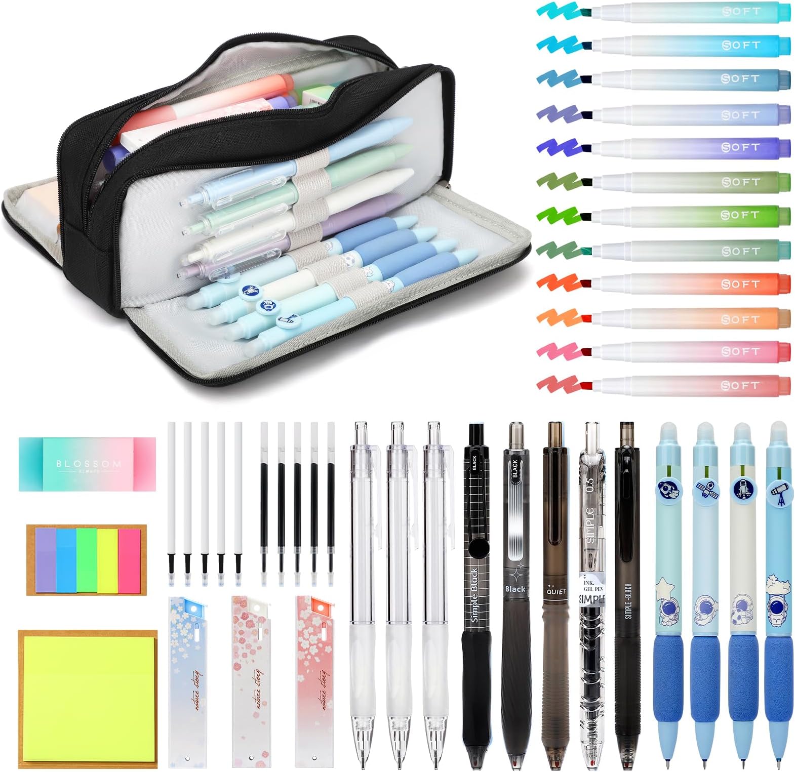 Pencil Case with Stationery Included, 40 Pcs School Stationery Supplies with 12 Pastel Highlighters, 3 Mechanical Pencils, 5 Gel Pens, 4 Erasable Pens, Stationery Set & Pencil Case Set (Black)