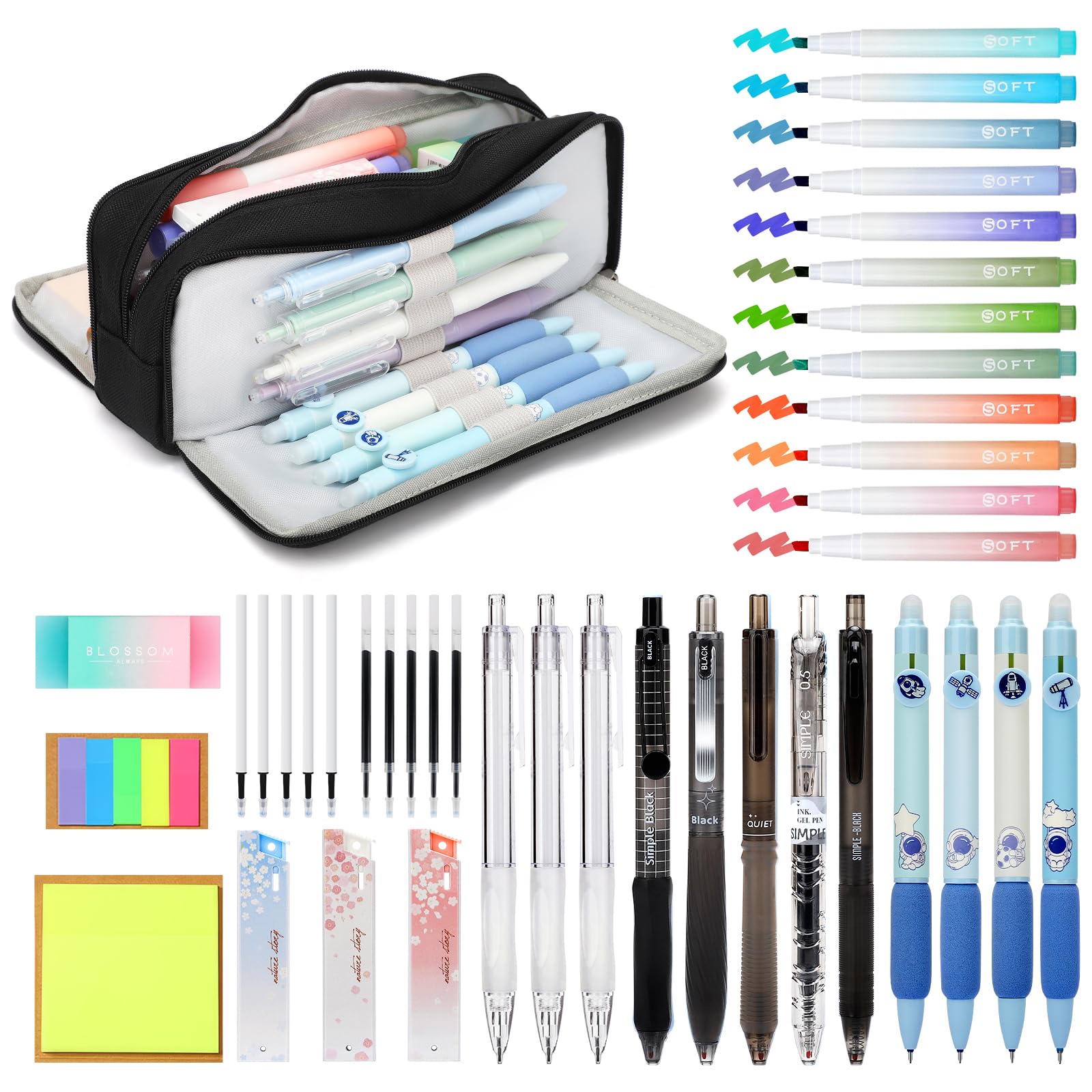 VICHOS Pencil Case with Stationery Included, 40 Pcs School Stationery Supplies with 12 Pastel Highlighters, 3 Mechanical Pencils, 5 Gel Pens, 4 Erasable Pens, Stationery Set & Pencil Case Set (Black)