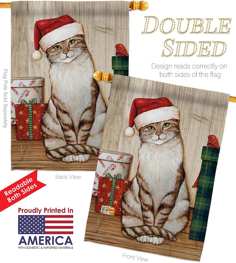 Christmas Kitty House Flag Dowel Set Wintertime Winter Wonderland Snowflake Snowman Ice Skate Season Snow Small Decorative Gift Yard Banner Double-Sided Made In USA 28 X 40