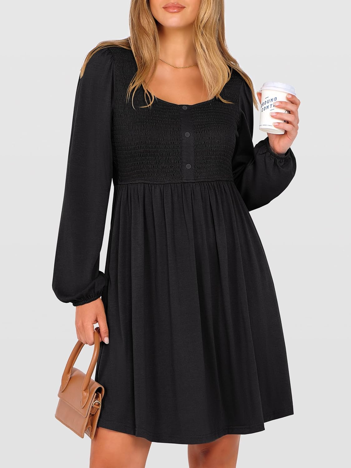 ANRABESS Womens Long Lantern Sleeve Dresses 2026 Spring Casual Smocked High Waist Flowy Short Dress with Pockets Trendy - Image 2