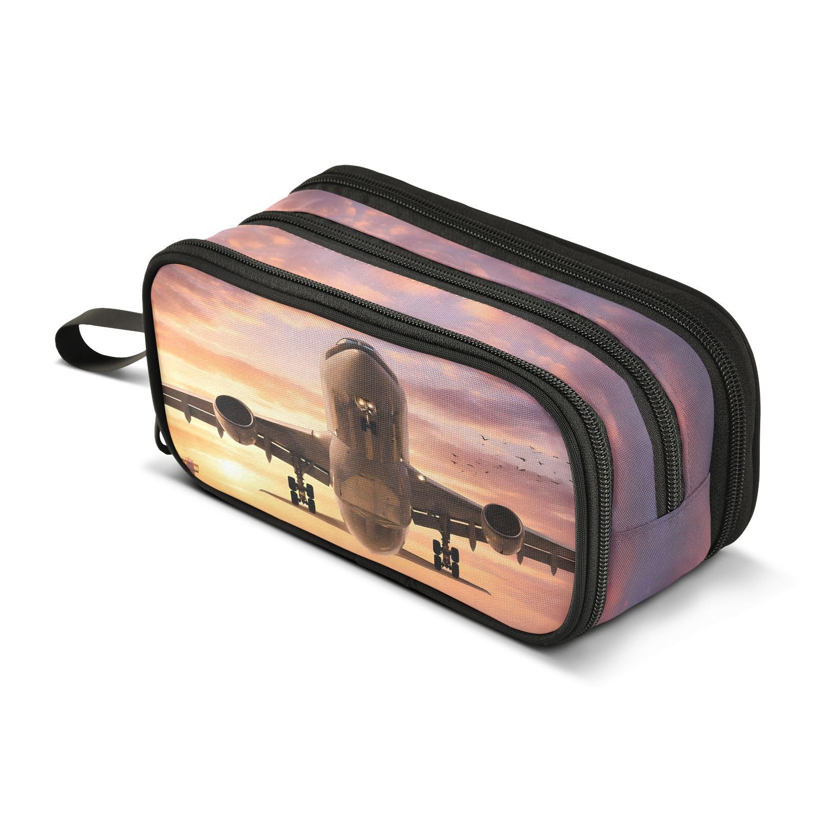 Airplane Sunset Takeoff Large Capacity Pencil Case Box Boys Girls Big Stationery Pen Bag Organizer Pencil Pouch Zipper Compartments for School Office