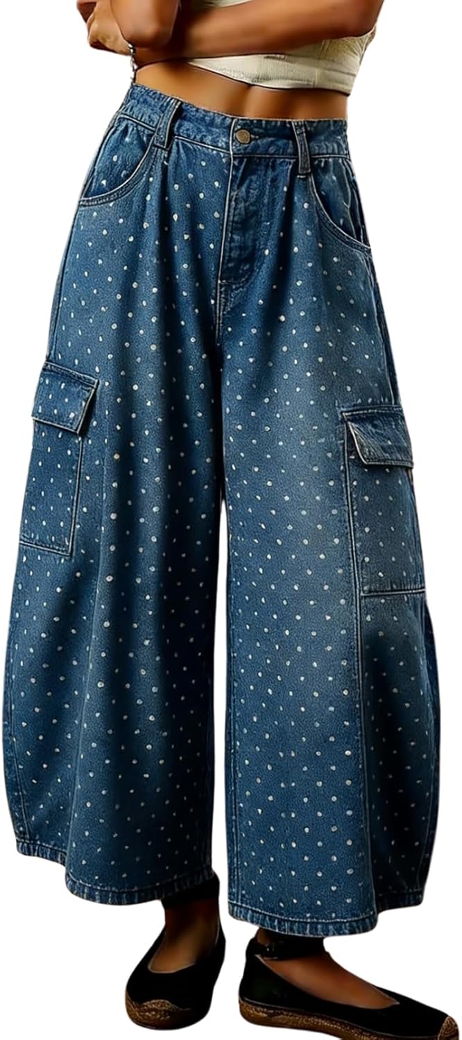 chouyatou Women's Baggy Wide Leg Jeans Polka Dot Printed Denim Palazzo Pants Crop Y2K Boyfriend Jeans