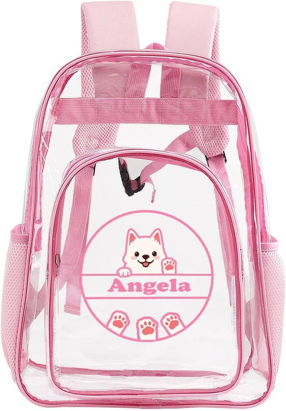 Personalized Dog Paw Clear Backpack PVC See Through Transparent Backpack for Girls Women with Name Reinforced Strap & Large Capacity Back to School Gifts - Clear/Pink