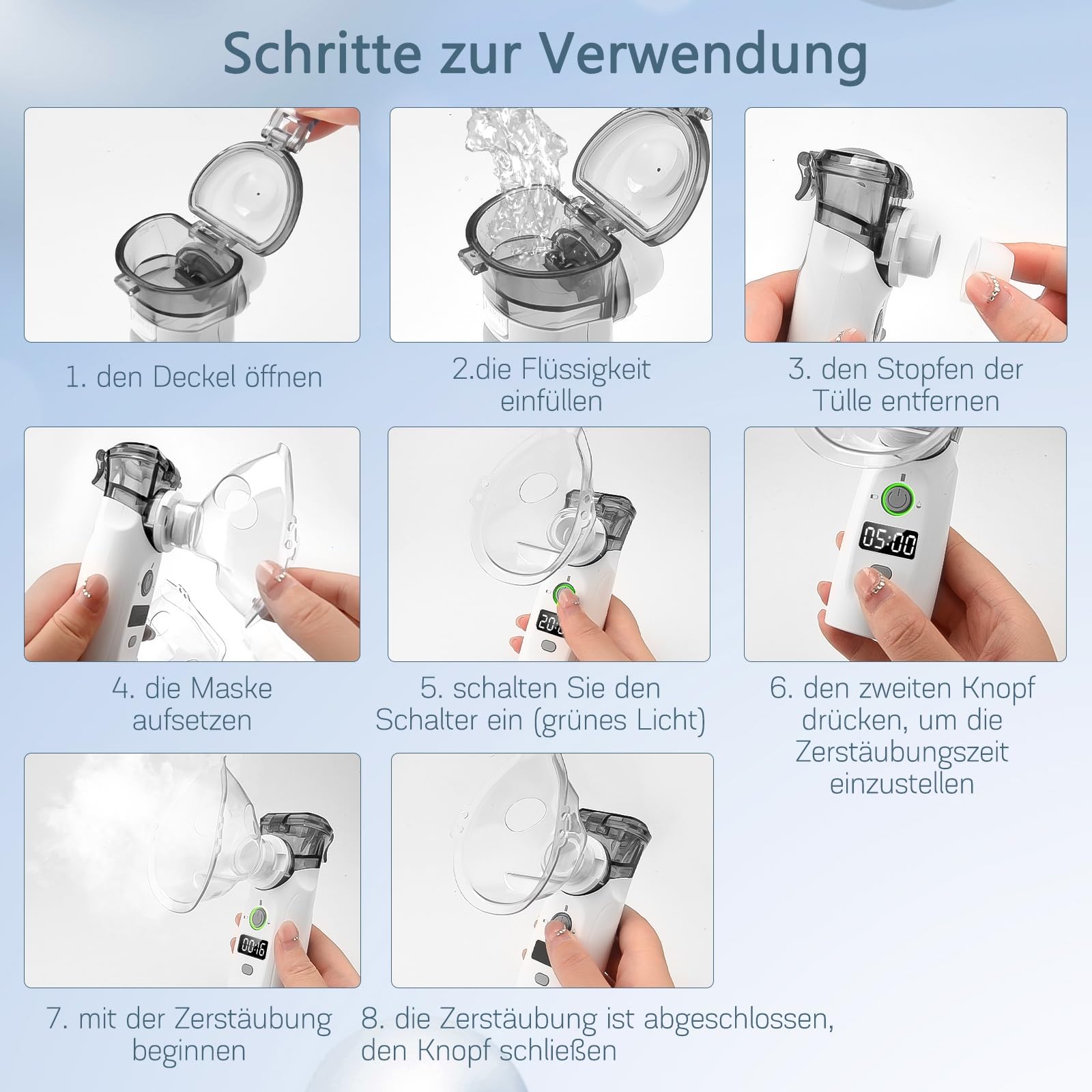 MILFECH Inhalationsgerät tragbar Vernebler Set Mit USB Wiederaufladbar, Timer und Display, inhalator verneble Masken und Mundstück für Kinder und Erwachsene (Grau)