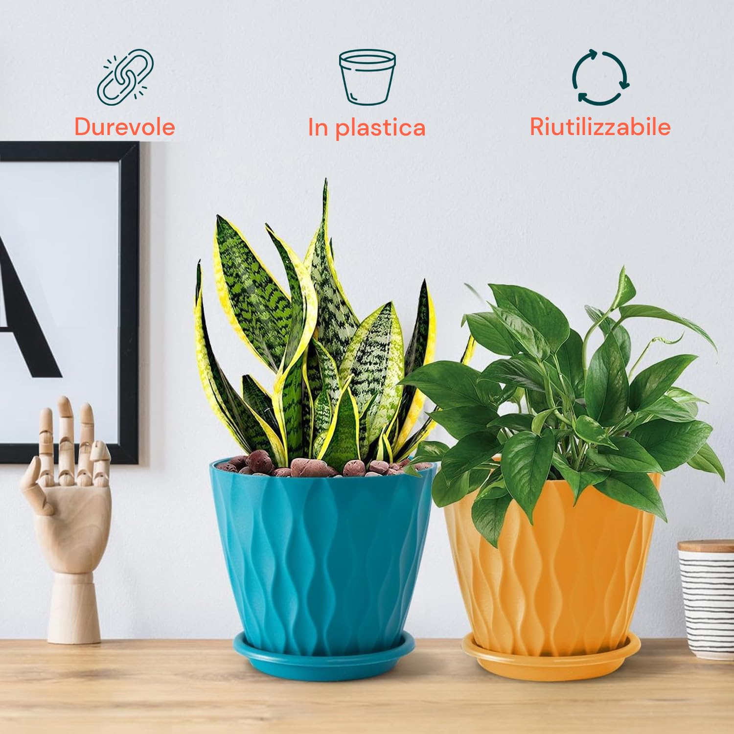 Avilia - Set 5 Vasi per Piante da Interno 15cm con Foro di Drenaggio, Sottovaso Rimovibile, Plastica Resistente Multicolore, Ideali per Arredare Casa con Stile e Coltivare con Facilità