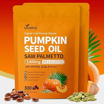 VivoNu Pumpkin Seed Oil with Saw Palmetto Capsules, 3800mg 300 Softgels | Cold Pressed,Pure Virgin Oil,Essential Fatty Acids&Phytosterols | Supports Hair,Urinary,Bladder&Prostate Health|Non-GMO