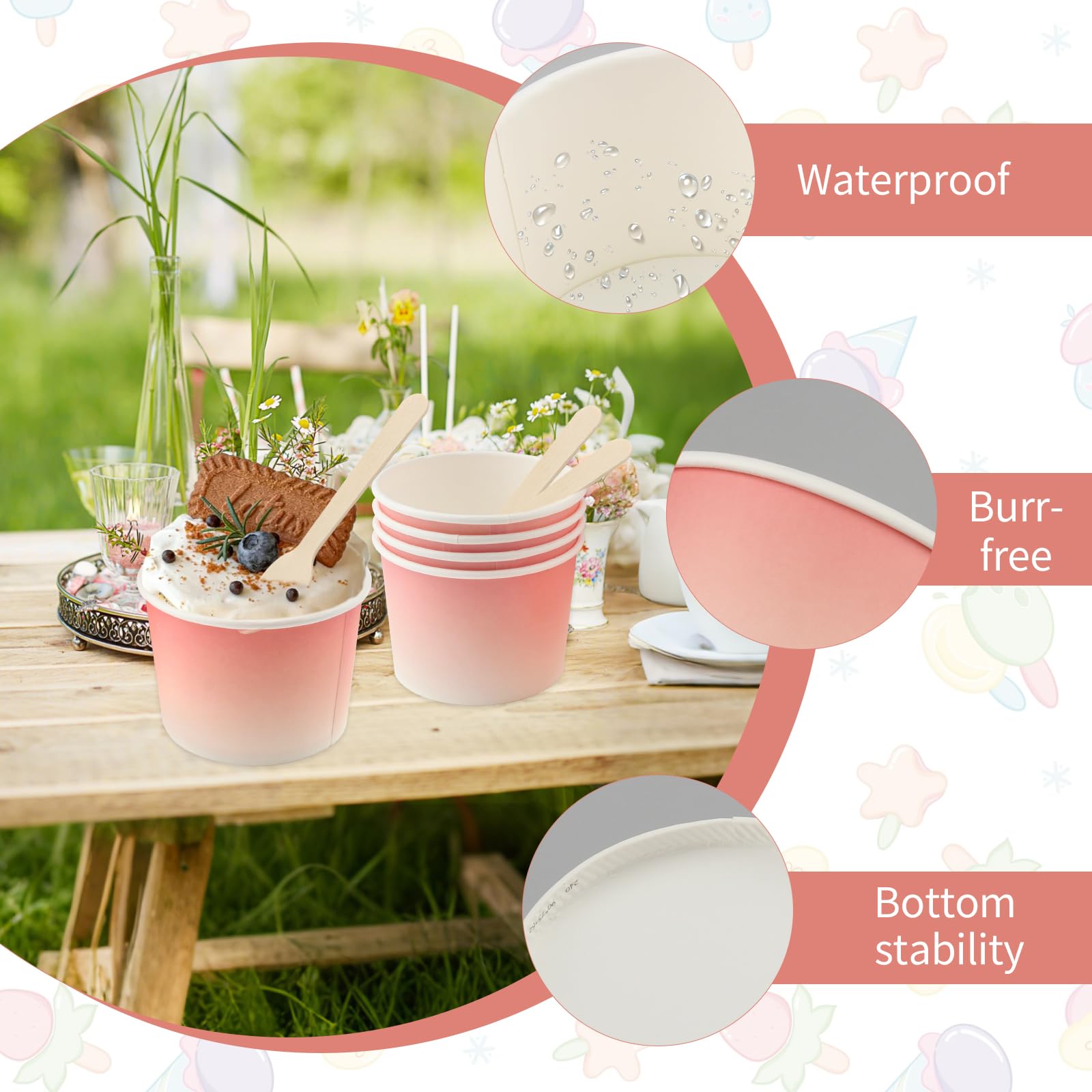 Vaskula 50 stuks kartonnen ijsbekers, 240 ml, snoepbar, bekers met lepel, kartonnen bekers, kleine verdikte dessertbekers, kleurverloop, roze, slush-ijsbekers voor ijs, dessert, vingerfood, yoghurt