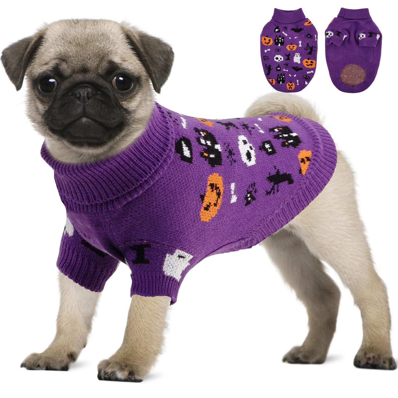 OTOB Halloween Sweater for Small Dogs Puppy, Pumpkin Knitwear Large Cat Sweater, Warm Turtleneck Classic Pet Clothes, Dog Halloween Costumes Holiday Outfit with Pumpkin Ghost Bat Spider, Purple, M