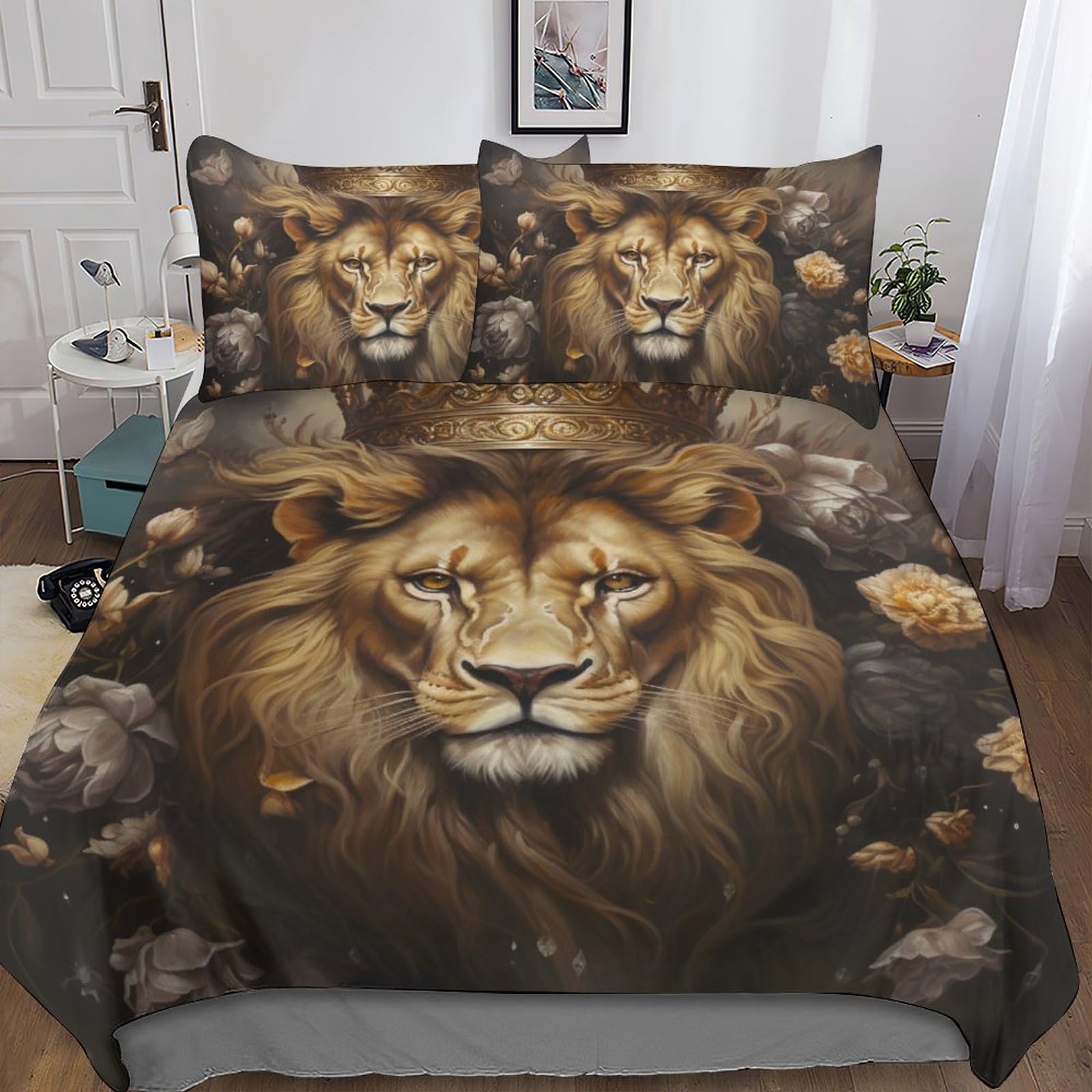 Housse de couette lion 3D parure de lit 3 pièces microfibre lit double