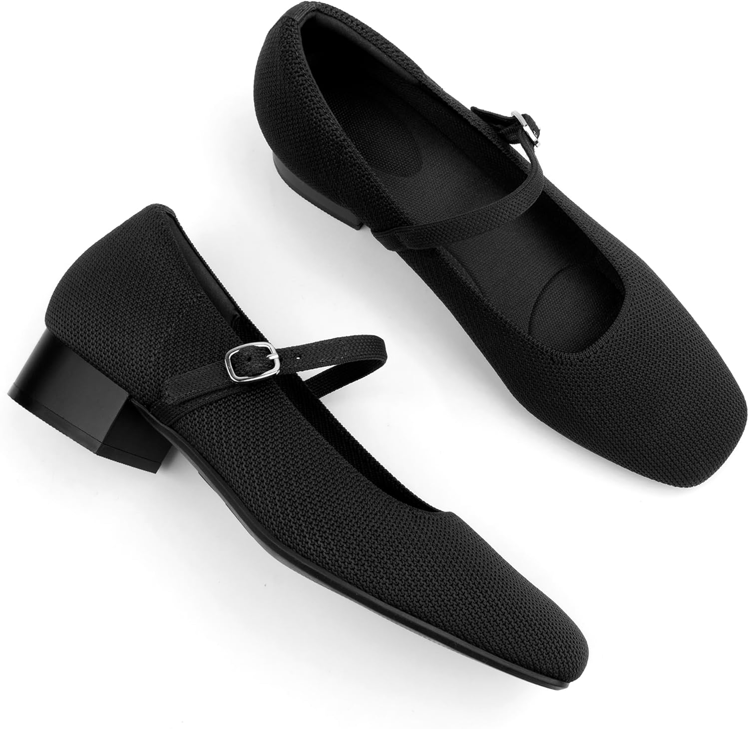 Women's Mary Jane Pumps Chunky Heel Ankle Strap Dress Shoes Knit Stretchy Square Toe Casual Office Low Heels