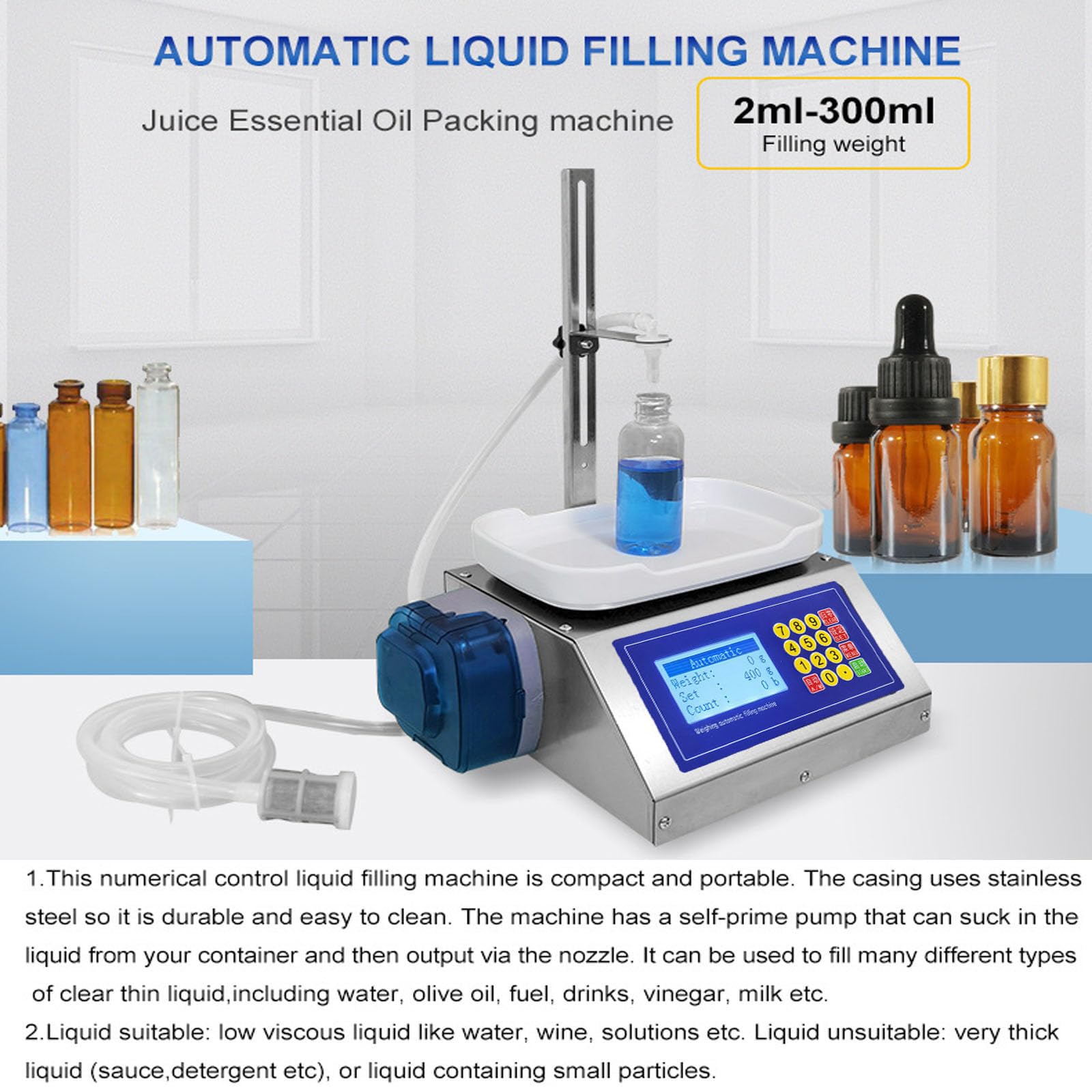 Máquina Automática de Llenado de Líquidos 2-300g, Llenadora con Bomba Peristáltica 1.2L/min con 2 Boquillas - Llenadora Digital de Alta Precisión para Aceites Esenciales, Perfumes & Frascos Pequeños