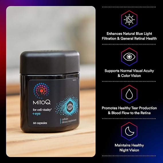MitoQ +Eye Eye Health Supplement with Lutein & Zeaxanthin (5:1 Ratio), Bilberry, Maritime Pine Bark, Zinc, Mitoquinol | Supports Macular Health, Visual Clarity & Blue Light Defense