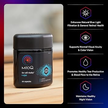 MitoQ +Eye Eye Health Supplement with Lutein & Zeaxanthin (5:1 Ratio), Bilberry, Maritime Pine Bark, Zinc, Mitoquinol | Supports Macular Health, Visual Clarity & Blue Light Defense