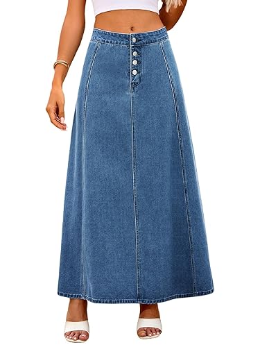 ebossy Women's High Waist Denim Skirt Classic 4-Button Flare A