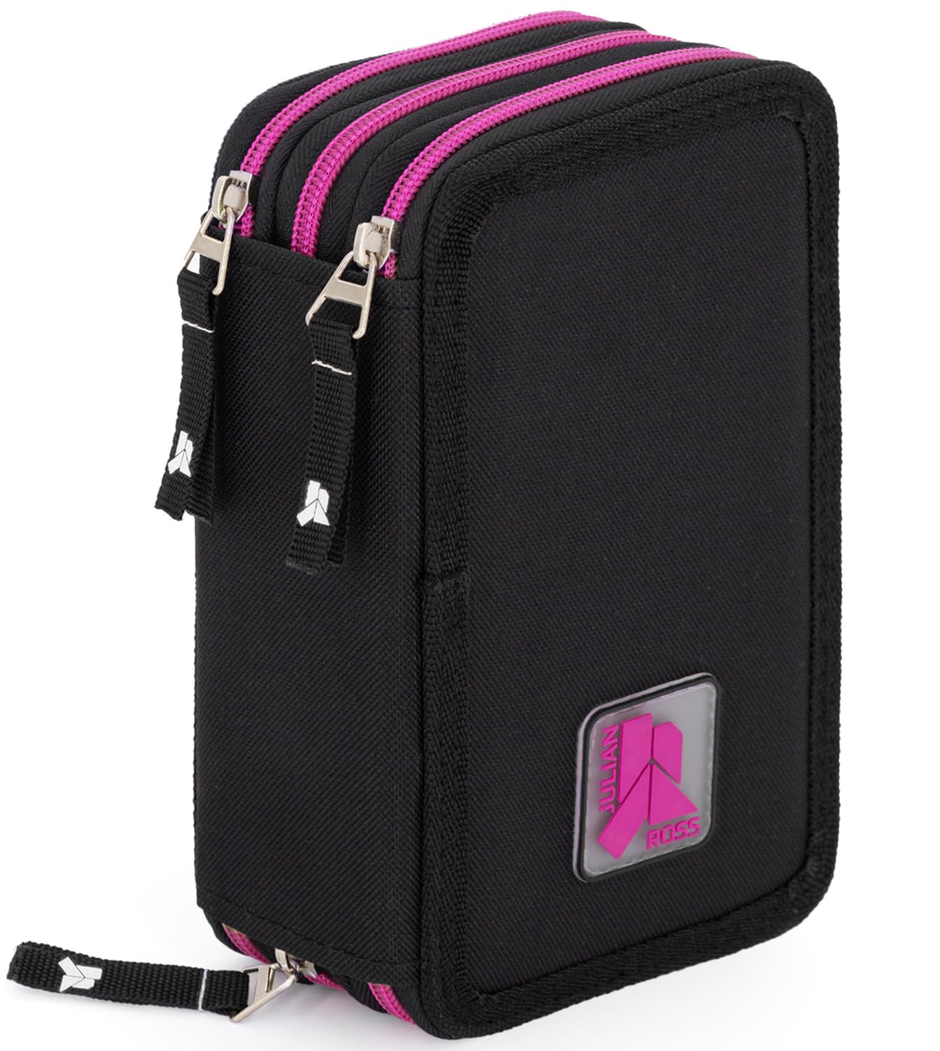 Julian Ross Stylische Mädchen Federmäppchen 3-Fach gefüllt, 45-TLG., Schwarz und Fuchsia, Radierbare Gelstifte, Filzstifte, Buntstifte, Schere, Kleber, Mit Reißverschlussfächern