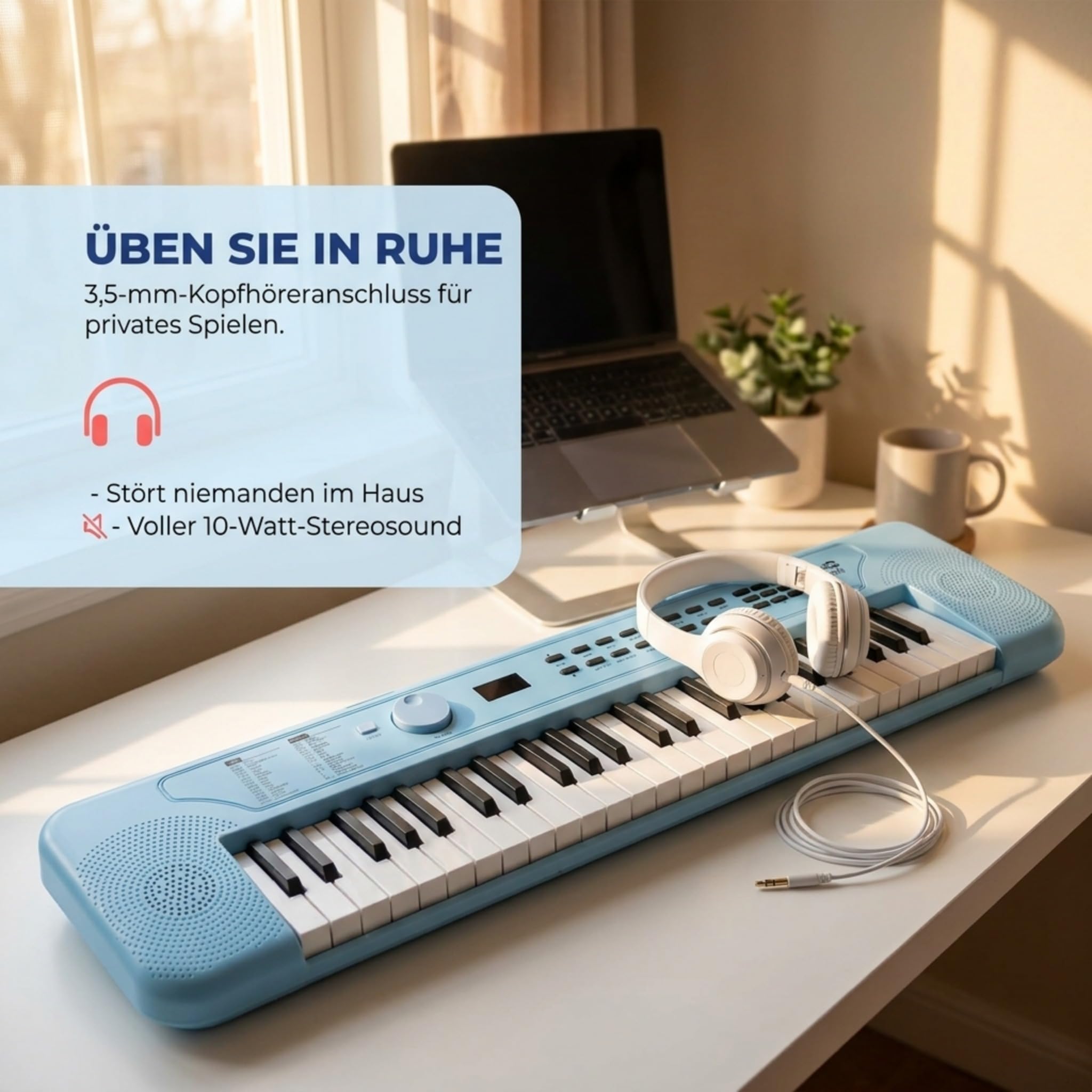 RockJam RJ490BB Mini Keyboard Piano mit 49 Tasten, tragbares elektronisches Synthesizer Keyboard Babyblau mit USB-C, Lautsprechern, Kopfhöreranschluss, 200 Klängen und Rhythmen