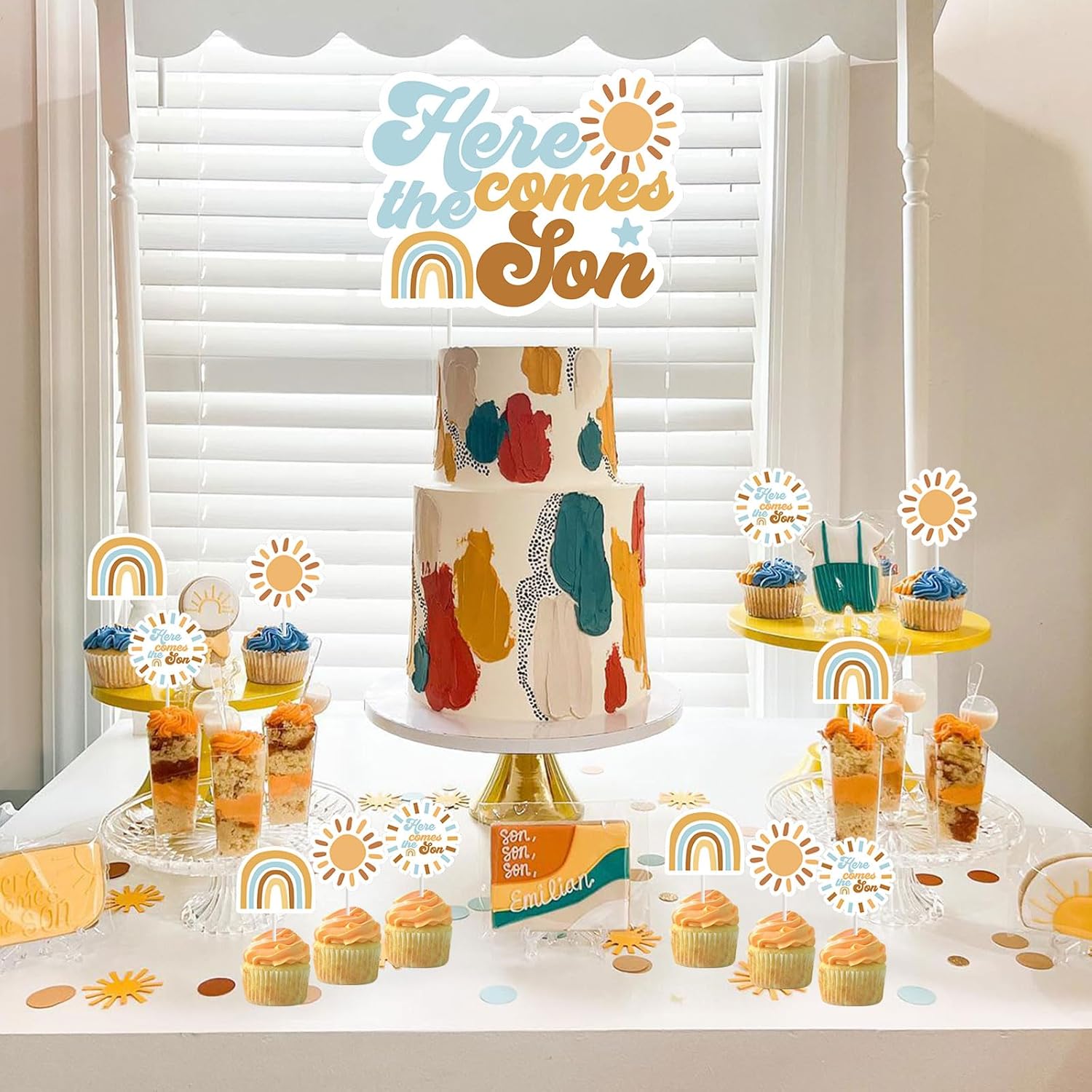 24 Pack Here Comes The Son Cake Topper Cupcake Picks Baby Shower Decorations for Boy, A Little Sunshine is On The Way Boho Party Supplies - Image 3