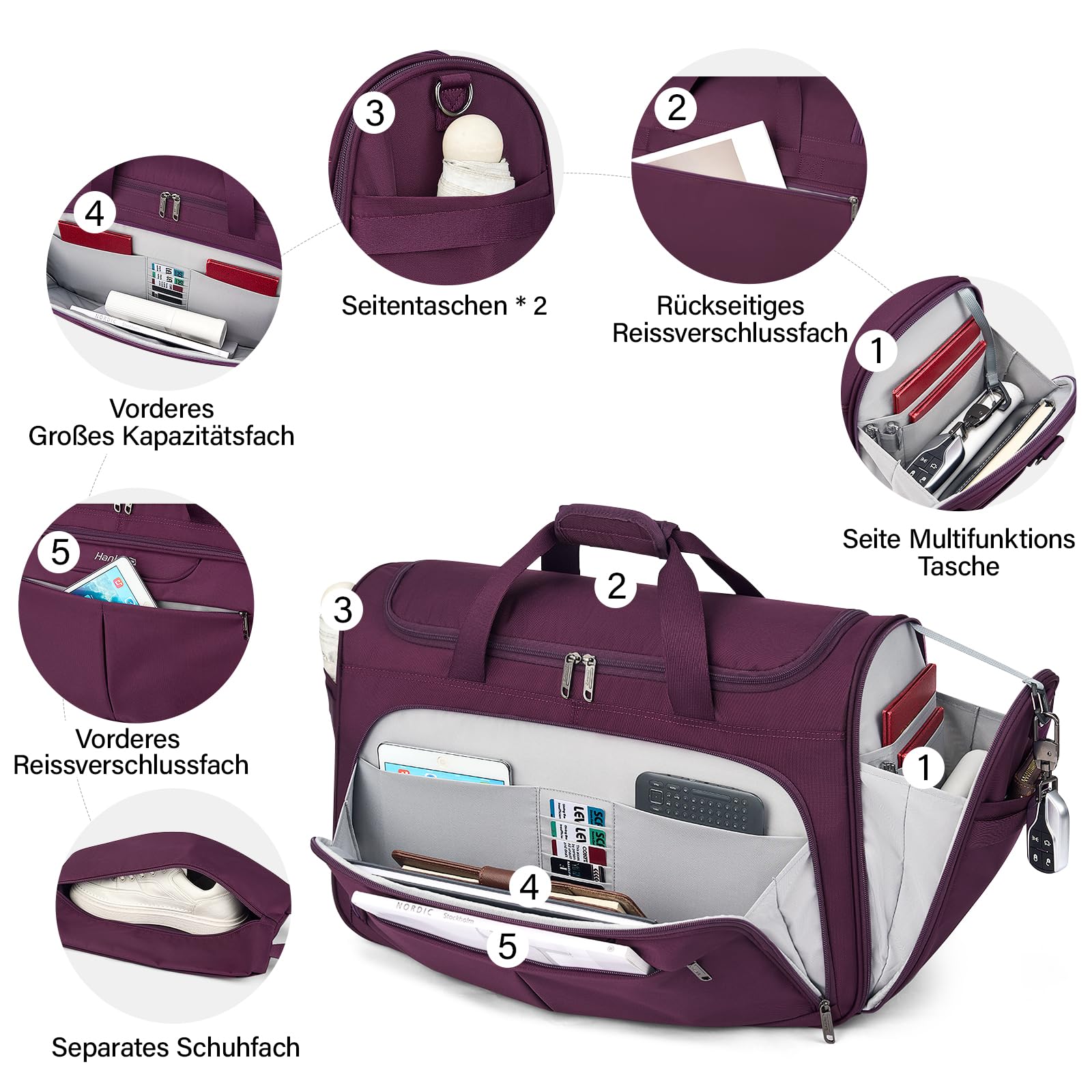 Hanke 36.5L Faltbare Reisetasche Leichte wasserdichte Handgepäck Tasche Sporttasche Damen Carry on Luggage Cabin Bag Gym Bag Travel Bag für Herren Damen, Lila