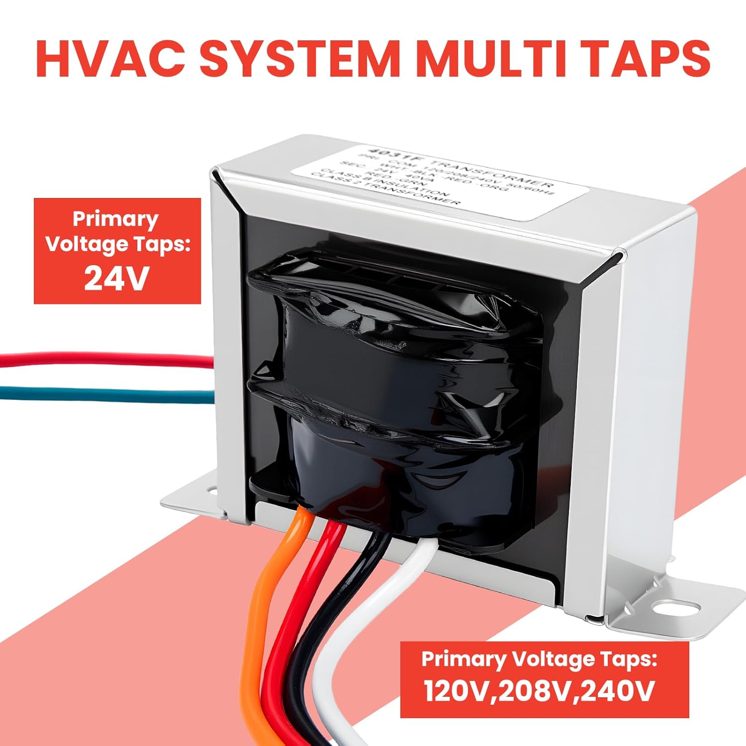 24V 40VA Control Transformer, Primary 120, 208, 240V Secondary 24V, for Supco SXT105, for Jard 4031F, for Honeywell AT140A1018, HVAC Furnace Multi Tap with Foot Mount, 2PCS