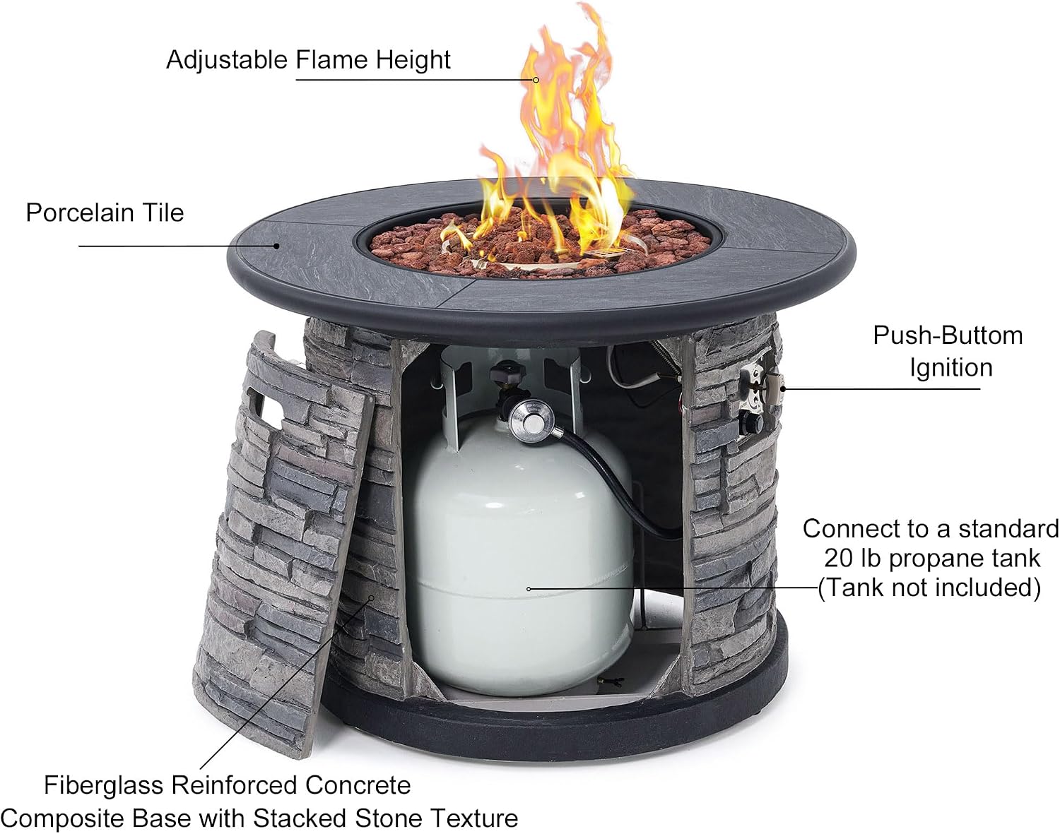 32-Inch Outdoor Porcelain Tile Gas Fire Table, 50,000 BTU Round Propane Fire Pit Table, Concrete Composite Firepit Base with Faux Stacked Stone Texture, Lid, Lava Rocks, Push-Button Ignition, Cover