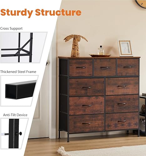 Miniatura 7 de Cómoda alta para dormitorio, cajón organizador de aparador con 9 cajones, cómoda con papelera de tela, marco de acero, parte superior de madera para